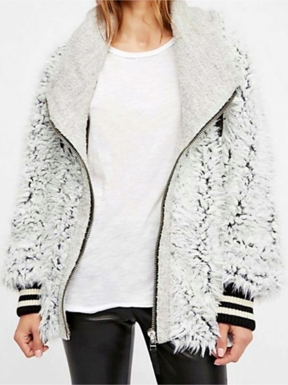 Free People Izzy Wrap Teddy Jacket Gray & Black XS/S